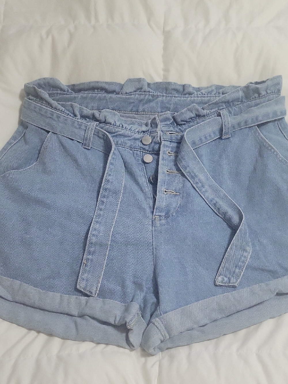 SHEIN Light Blue Paperbag Waist Denim Shorts with Tie